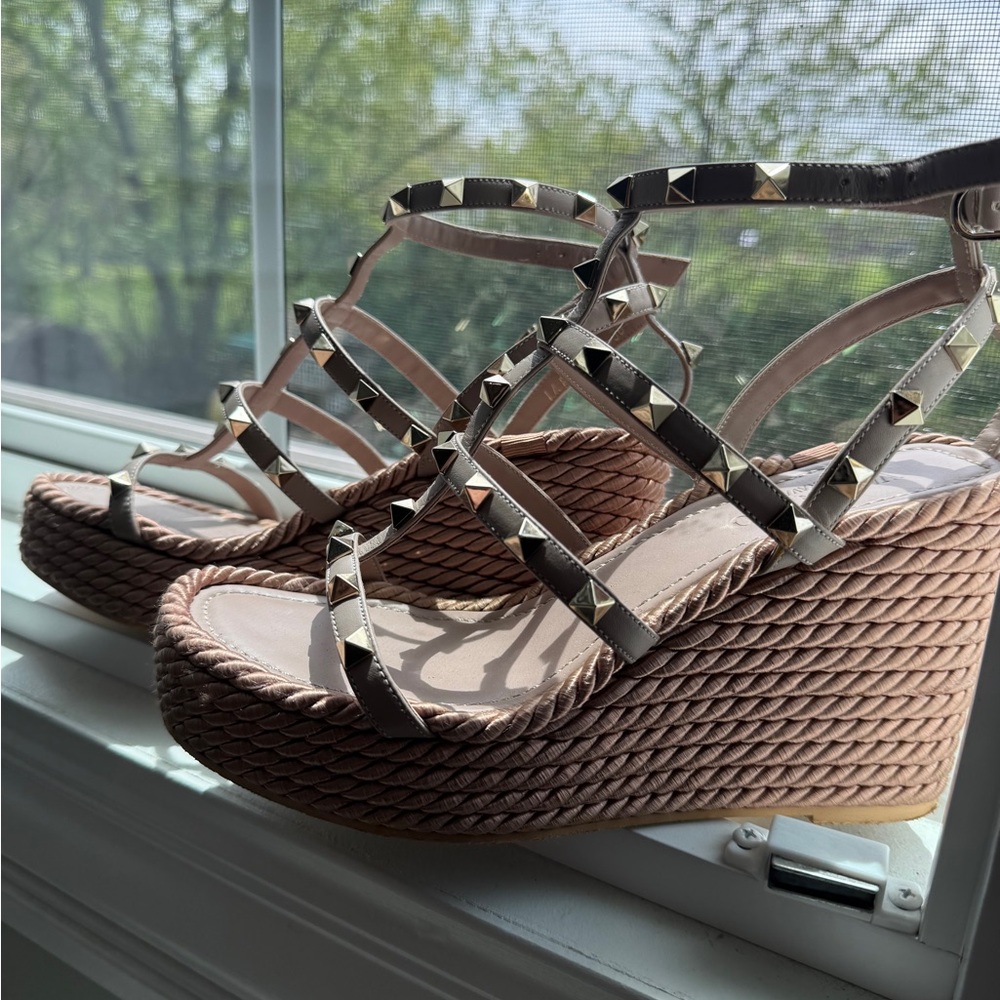 Valentino Beige Wedges with Gold Studs